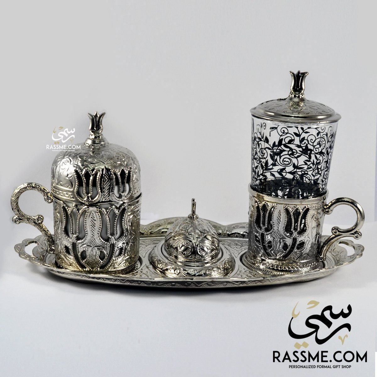 Silver Turkish Coffee Cup + Water Glass + Tray - Made In Turkey