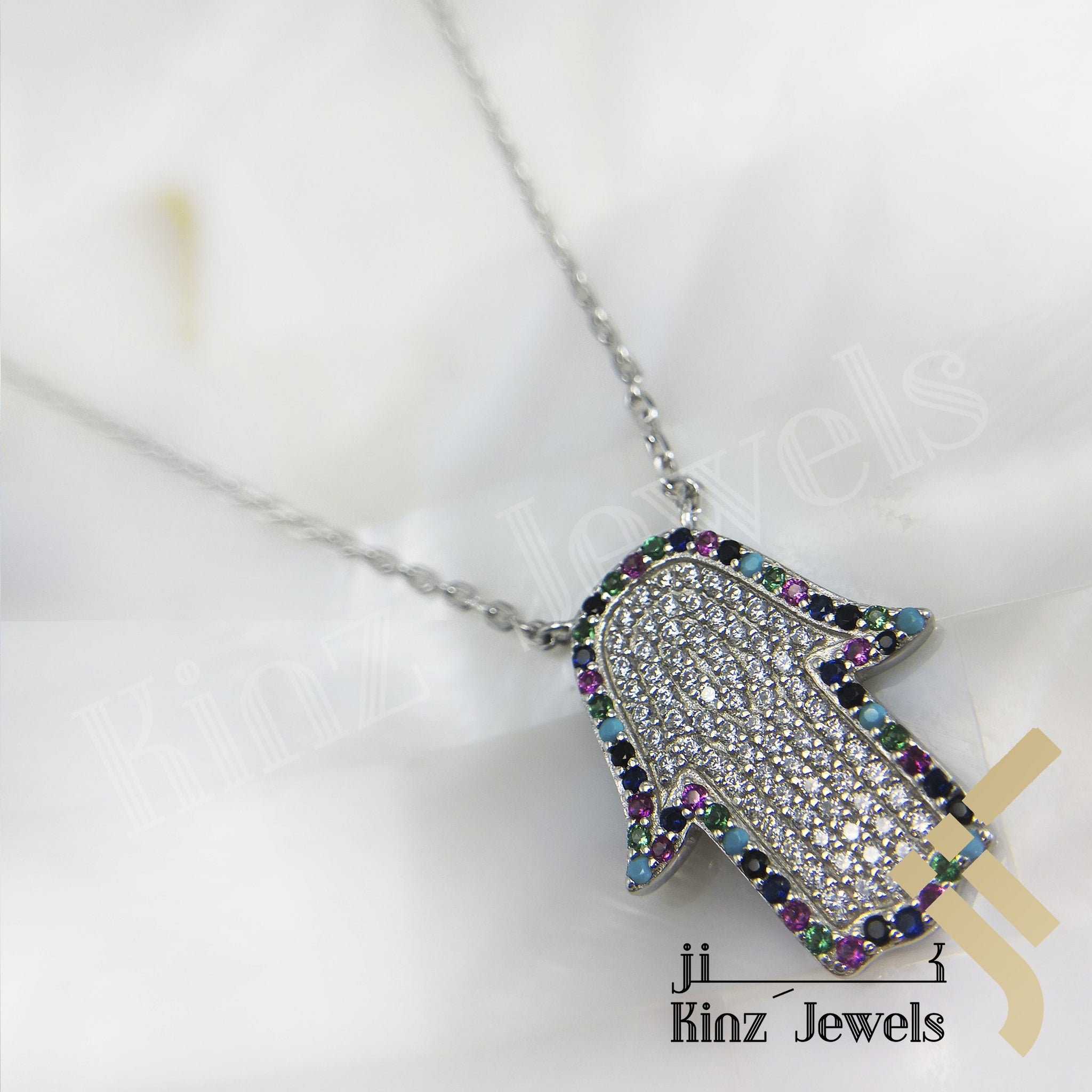 Sterling Silver Hamsa Multi Gemstones And Cubic Zircon Necklace