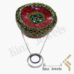 Sterling Silver Colorful Cubic Zirconia Two Circles Necklace