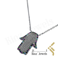 Sterling Silver Hamsa Multi Gemstones And Cubic Zircon Necklace
