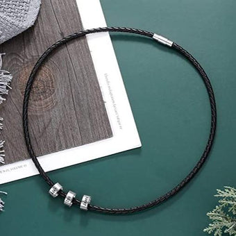 Custom Men Leather Necklace Custom Men Braid Necklace with Small Beads Necklaces for Men with Family Names