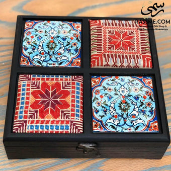 Personalized Wooden Tea Box Ceramic and Embroidery - صندوق شاي