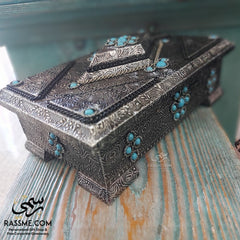 White Metal Silver Shell on Wooden Box with Turquoise Stones