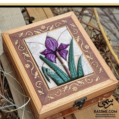 Handcrafted Wooden 3D Black Iris Mosaic Stones Box