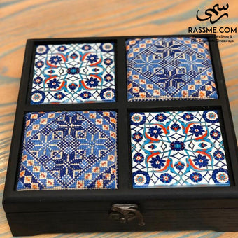 Personalized Wooden Tea Box Embroidery and Ceramic Blue - صندوق شاي