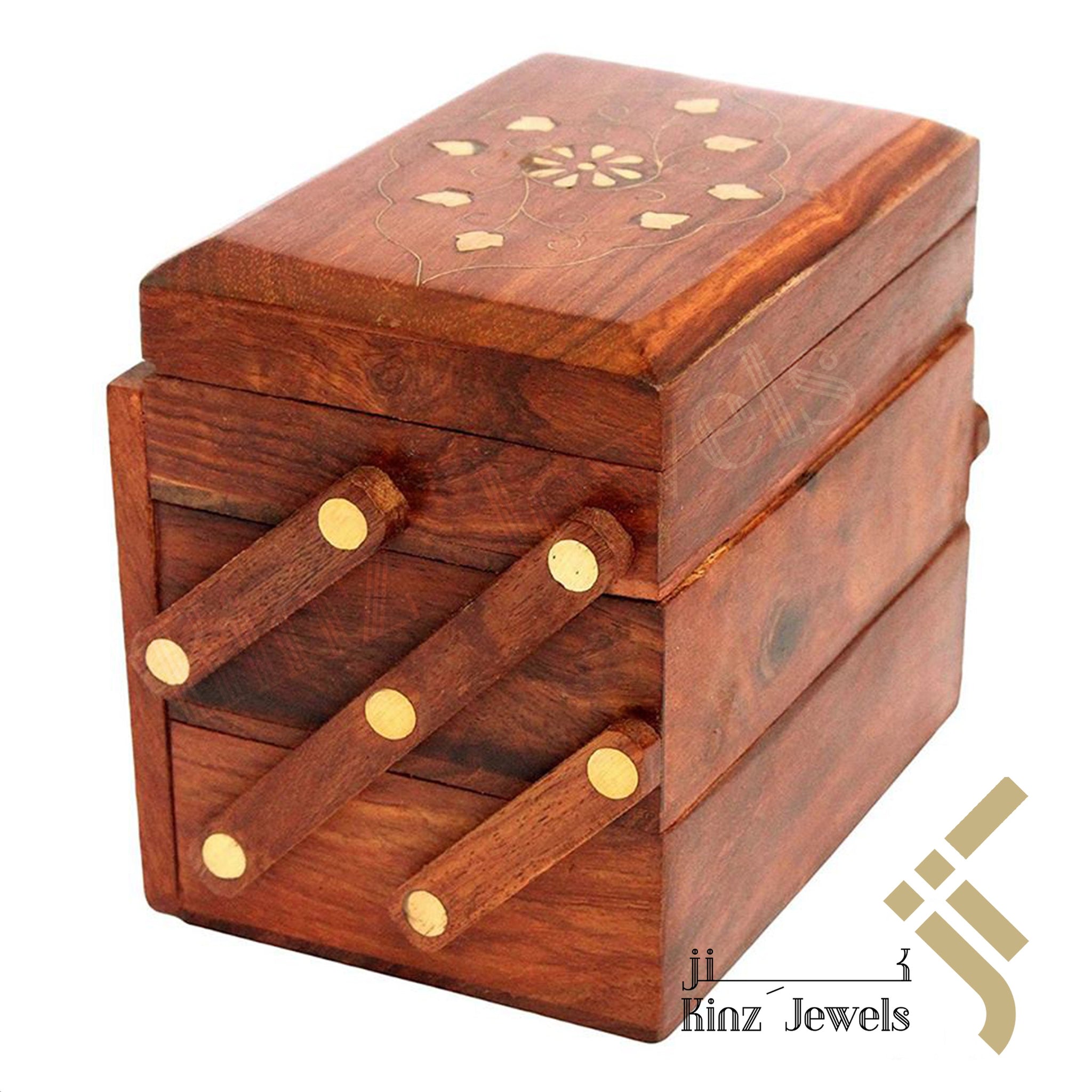 kinzjewels - Wooden With Brass Velvet Jewelry Box Stairs