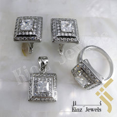 Sterling Silver Rhodium Vermeil Fine Cut Inception Square Zircon Jewelry Set