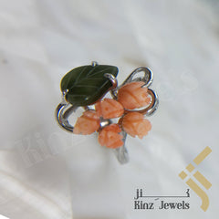 Handcrafted Sterling Silver Coral Flower & Leaf Ring