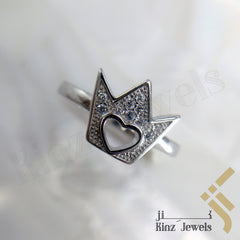 Sterling Silver Rhodium Vermeil Crown & Heart Hole Shaped Ring