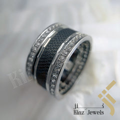 Sterling Silver Rhodium Vermeil Carbon Fiber Inspired & Zircon Ring