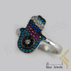 Sterling Silver Rhodium Vermeil Palm Hamsa Turquoise & Zircon Ring