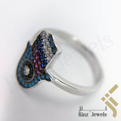 Sterling Silver Rhodium Vermeil Palm Hamsa Turquoise & Zircon Ring