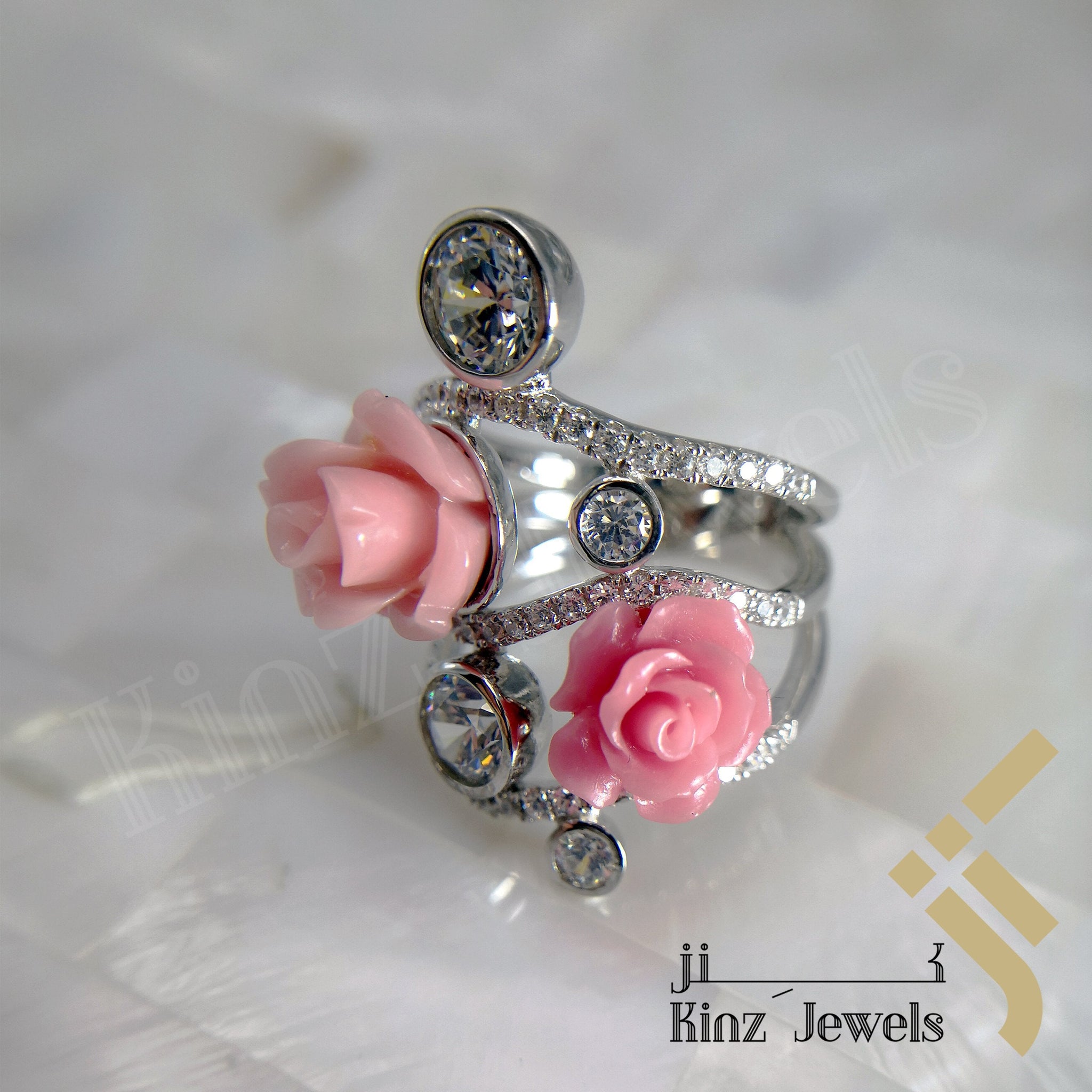 Handcrafted Sterling Silver Two Rose Coral Flower & Zircon Ring