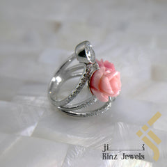 Handcrafted Sterling Silver Two Rose Coral Flower & Zircon Ring