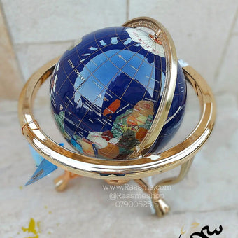 High Quality Blue Lapis Ocean Table Top Gemstone World Globe with Gold Tripod