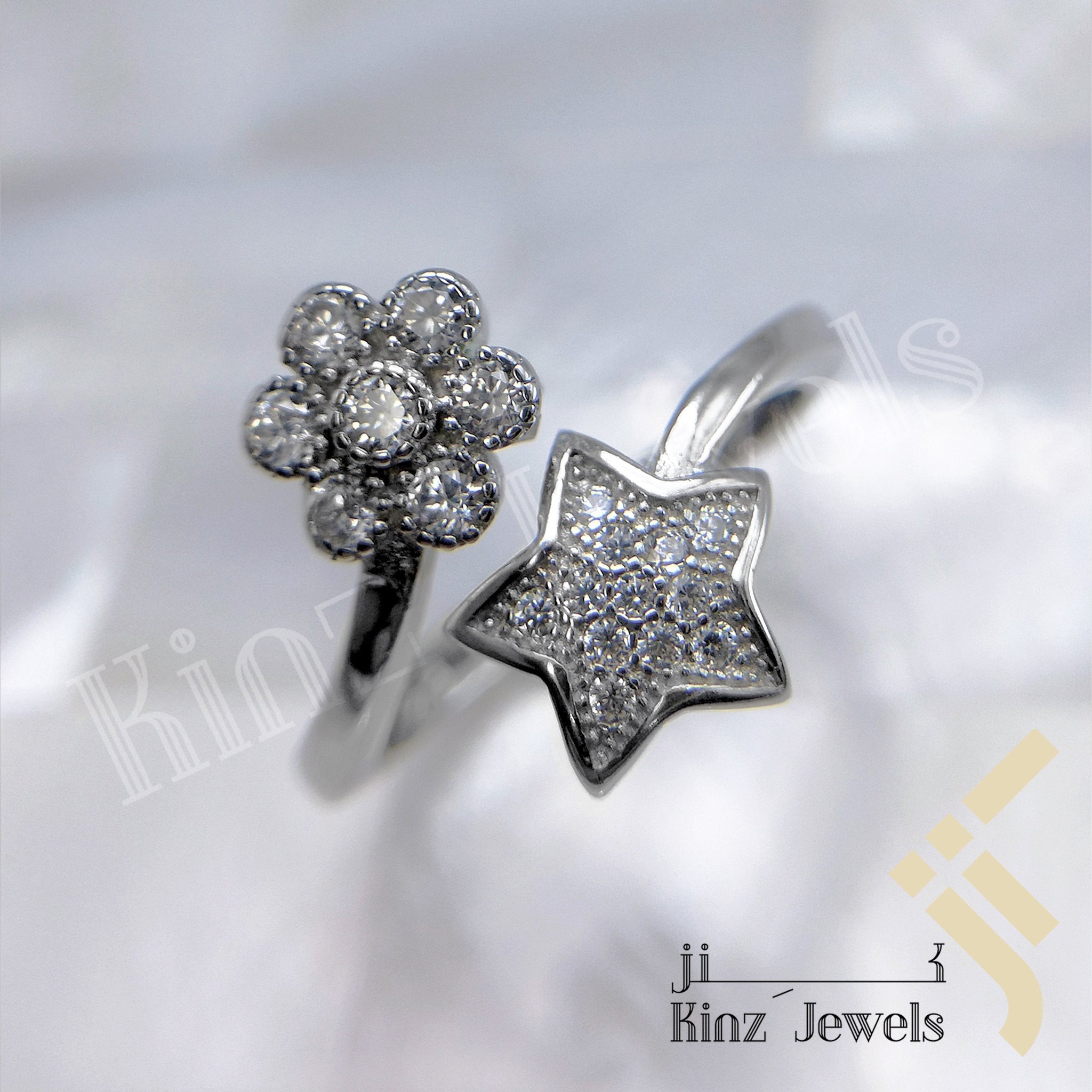 Sterling Silver Zircon Flower and Star Free Size Rhodium Vermeil Ring