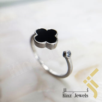 Sterling Silver Free Size Black Enamel Flower Rhodium Vermeil Ring