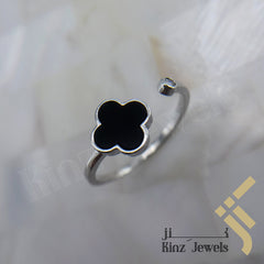 Sterling Silver Free Size Black Enamel Flower Rhodium Vermeil Ring