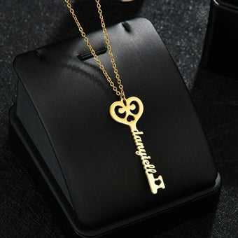Custom Sterling Silver English / Arabic Names inside key Heart Necklace