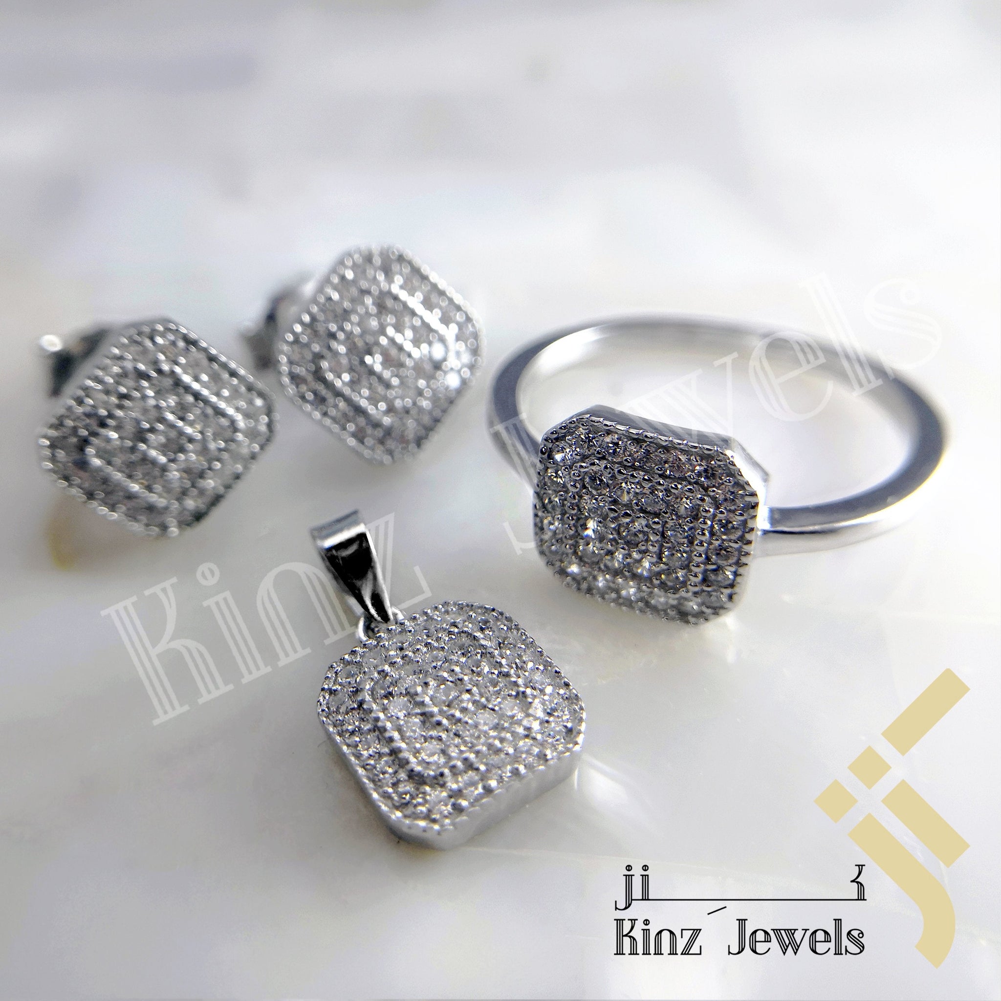 Sterling Silver Rhodium Vermeil Fine Laser Cut Square Zircon Jewelry Set