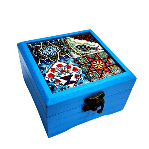 Wooden Box Blue Moroccan Pattern